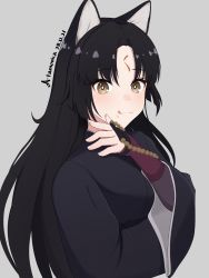 Rule 34 | 1girl, animal ears, arknights, atamonica, black hair, breasts, closed mouth, commentary request, dated, dog ears, food, food on face, hand up, highres, japanese clothes, kimono, layered sleeves, licking lips, light blush, light smile, long hair, long sleeves, looking at viewer, saga (arknights), signature, simple background, solo, tongue, tongue out, upper body, white background, wide sleeves, wrist guards, yellow eyes