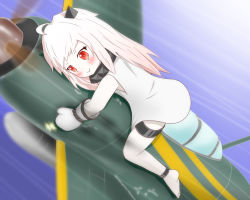 Rule 34 | 10s, 1girl, :&gt;, abyssal ship, ahoge, aircraft, airplane, amezuku, barefoot, blush, dress, horns, kantai collection, long hair, mittens, northern ocean princess, hugging object, pale skin, red eyes, reppuu (kancolle), riding, smile, solo, white dress, white hair