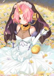 Rule 34 | 1girl, :o, blue eyes, breasts, bridal veil, chestnut mouth, cleavage, dress, elbow gloves, fate/apocrypha, fate (series), flower, frankenstein&#039;s monster (fate), gloves, hair flower, hair ornament, hair over one eye, heterochromia, highres, holding, holding flower, horns, looking at viewer, medium breasts, pink flower, pink hair, pink rose, rose, see-through, see-through cleavage, short hair, single horn, solo, tofu1601, veil, wedding dress, white dress, white flower, white gloves, white rose, yellow eyes
