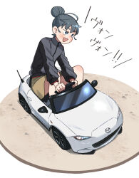 1girl :d ahoge annin_musou black_eyes black_hair black_jacket blush brown_skirt commentary_request eunos_roadster from_above full_body grey_jacket hair_between_eyes hair_bun jacket mazda mazda_mx-5 mazda_mx-5_nd multicolored_jacket open_car_girls open_mouth sidelocks sitting skirt smile solo subeyama_yae toy_car translation_request two-tone_jacket white_background