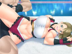Rule 34 | 1boy, 1girl, 23 (real xxiii), blue eyes, breasts, breath, brown hair, cleavage, frills, game cg, gloves, hair ribbon, large breasts, long hair, lying, muscular, muscular female, navel, on back, on side, open mouth, ponytail, ribbon, solo focus, submission hold, toned, wrestle fight girls, wrestling, wrestling ring