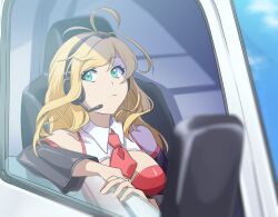 Rule 34 | 1girl, anime coloring, antenna hair, arm rest, black sleeves, blonde hair, blue sky, blurry, blurry foreground, breasts, cleavage, closed mouth, collared shirt, commentary request, day, detached sleeves, floating hair, from outside, green eyes, headset, large breasts, looking to the side, motor vehicle, necktie, open clothes, open shirt, red necktie, red shirt, reflection, shirt, short necktie, side-view mirror, sidelighting, sidelocks, sky, solo, strapless, strapless shirt, tokono touhi, truck, tsurumaki maki, upper body, voiceroid, white shirt, wind, windshield