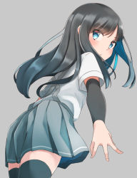 Rule 34 | 1girl, arm warmers, asashio (kancolle), black hair, black thighhighs, blue eyes, blue hair, blush, closed mouth, comah, commentary request, grey background, grey skirt, kantai collection, long hair, looking at viewer, looking back, pleated skirt, shirt, short sleeves, simple background, skirt, solo, suspender skirt, suspenders, thighhighs, very long hair, white shirt