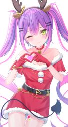 Rule 34 | 1girl, animal ears, antlers, bare shoulders, bell, belt, blush, breasts, christmas, collarbone, deer ears, demon tail, dress, ear piercing, fake animal ears, fake antlers, gloves, green eyes, hair ornament, hairclip, half gloves, headband, heart, heart hands, highres, hololive, horns, looking at viewer, multicolored hair, neck bell, off-shoulder dress, off shoulder, one eye closed, piercing, pointy ears, purple hair, red dress, red gloves, sakura yunuto, santa costume, santa dress, sidelocks, simple background, small breasts, smile, solo, streaked hair, tail, tokoyami towa, twintails, virtual youtuber, white background