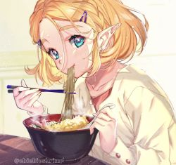 Rule 34 | 1girl, alternate costume, blonde hair, blue eyes, blush, bowl, braid, casual, chopsticks, closed mouth, collarbone, commentary, eating, food, glint, hair between eyes, hair ornament, hairclip, highres, looking at viewer, nintendo, noodles, parted bangs, pointy ears, princess zelda, shirt, short hair, shuri (84k), soba, solo, spoon, sweat, tempura, the legend of zelda, the legend of zelda: breath of the wild, the legend of zelda: tears of the kingdom, thick eyebrows, twitter username, upper body, white shirt