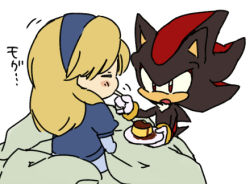 Rule 34 | 1boy, 1girl, animal ears, black fur, black hair, blanket, blonde hair, blue dress, blue hairband, blue jacket, blush, blush stickers, body fur, bukiko, closed eyes, cropped jacket, dress, eating, feeding, food, from behind, furry, gloves, hairband, hand up, holding, holding plate, holding spoon, jacket, japanese text, juliet sleeves, layered sleeves, long hair, long sleeves, looking at another, lowres, maria robotnik, motion lines, multicolored hair, open mouth, plate, pudding, puffy sleeves, red eyes, red fur, red hair, shadow the hedgehog, short over long sleeves, short sleeves, sidelocks, sideways mouth, simple background, sitting, sketch, sonic (series), spoon, translation request, two-tone hair, upper body, white background, white fur, white gloves