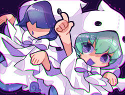 Rule 34 | 1boy, 1girl, black background, blue hair, blush, bow, brother and sister, chromatic aberration, commentary, doradorakingyo, ghost costume, ghost pose, green hair, hair over eyes, hitodama, index finger raised, open mouth, purple eyes, puyopuyo, puyopuyo fever, rei (puyopuyo), short hair, siblings, symbol-only commentary, twitter username, white bow, yu (puyopuyo)