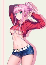 Rule 34 | 1girl, absurdres, belt, belt buckle, between breasts, breasts, buckle, cowboy shot, crop top, cropped sweater, cutoff jeans, cutoffs, darling in the franxx, denim, denim shorts, frayed clothes, gendo0032, green eyes, groin tendon, hairband, highres, hood, hooded sweater, jeans, looking at viewer, medium breasts, midriff, nail polish, navel, pants, pink hair, red nails, red sweater, shadow, short shorts, shorts, simple background, solo, stomach, sweater, torn clothes, torn jeans, torn pants, underboob, white hairband, yellow background, zero two (darling in the franxx)