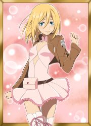 Rule 34 | 1girl, absurdres, blonde hair, blue eyes, boots, brown jacket, collarbone, cross-laced footwear, dress, flat chest, highres, jacket, krista lenz, lace-up boots, looking at viewer, open clothes, open jacket, pink dress, rumia (compacthuman), shingeki no kyojin, short hair, smile, solo, thigh boots, thighhighs, white footwear