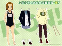 Rule 34 | 00s, 1girl, barefoot, brown eyes, brown hair, clothes writing, dressup, drumsticks, hairband, highres, hood, hoodie, k-on!, object in clothes, object in swimsuit, official art, one-piece swimsuit, paper doll, scan, school swimsuit, school uniform, short hair, skirt, smile, socks, solo, striped clothes, striped socks, sweater, swim cap, swimsuit, tainaka ritsu