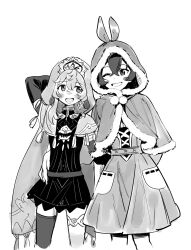 Rule 34 | 2girls, alternate costume, amber (genshin impact), arm behind head, blush, capelet, collei (genshin impact), crossed bangs, dress, earrings, fur-trimmed capelet, fur trim, genshin impact, greyscale, hair between eyes, highres, hood, hood up, hooded capelet, jewelry, long hair, monochrome, multiple girls, one eye closed, open mouth, pom pom (clothes), sabi11riw, simple background, single earring, thighhighs