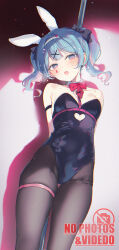 Rule 34 | 1girl, animal ears, arms behind back, black leotard, black pantyhose, blue eyes, blue hair, blush, bow, breasts, clothing cutout, collar, commentary request, detached collar, english text, facial mark, fake animal ears, hair ornament, hairband, hairclip, hatsune miku, heart cutout, highres, leotard, looking at viewer, multicolored hair, open mouth, pantyhose, pink hair, playboy bunny, pole, rabbit ears, rabbit hole (vocaloid), red bow, revision, signature, silltare, small breasts, solo, strapless, strapless leotard, streaked hair, sweat, twintails, vocaloid, watermark, white collar, white hairband, wing collar