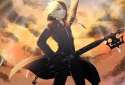 Rule 34 | 1boy, arm up, black coat, black coat (kingdom hearts), blonde hair, blue eyes, chain, cloud, cloudy sky, coat, commentary, highres, holding, holding weapon, hood, hood up, keyblade, kingdom hearts, kingdom hearts iii, long coat, looking to the side, male focus, oblivion (keyblade), orange sky, roxas, short hair, sky, solo, spiked hair, sunlight, tdmmt r, twilight, upper body, weapon, wind