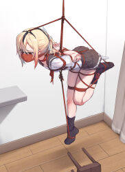 absurdres arms_behind_back ball_gag bdsm blonde_hair bondage bound bound_arms bound_legs breasts chair cloth_gag collar fuyou_lilienthal_yuuna gag gag_harness gagged highres improvised_gag long_hair no_shoes on_chair pleated_skirt ponytail red_eyes restrained sailor sailor_collar school_uniform serafuku shibari shibari_over_clothes skirt small_breasts socks thighhighs xiongmao yuuki_yuuna_wa_yuusha_de_aru yuusha_de_aru zettai_ryouiki