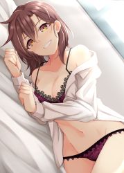 Rule 34 | 1girl, absurdres, bed sheet, blush, bra, breasts, brown eyes, brown hair, cleavage, commentary, dress shirt, dutch angle, groin, half-closed eyes, highres, kuzukiri (riezenagel), lace, lace-trimmed bra, lace-trimmed panties, lace trim, long sleeves, looking at viewer, lying, medium breasts, navel, no pants, off shoulder, on bed, on side, open clothes, open shirt, original, panties, parted lips, purple bra, purple panties, sara (kuzukiri), shirt, short hair, smile, solo, sunlight, underwear, white shirt, window