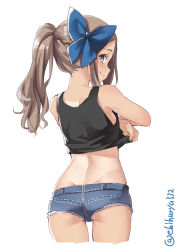 Rule 34 | 1girl, alternate costume, asakaze (kancolle), ass, back, bare shoulders, blue bow, blue eyes, blue shorts, blush, bow, braid, breasts, brown hair, casual, closed mouth, cropped legs, denim, denim shorts, ebifurya, from behind, hair between eyes, hair bow, highres, kantai collection, light brown hair, long hair, looking at viewer, looking back, micro shorts, parted bangs, ponytail, shirt, short shorts, shorts, simple background, sleeveless, sleeveless shirt, small breasts, smile, solo, standing, thighs, twitter username, undressing, white background