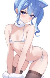 Rule 34 | 1girl, absurdres, all fours, animal ears, animal hands, bikini, black thighhighs, blue eyes, blue hair, blush, cat ears, cat girl, closed mouth, commentary request, fawny, flat chest, gloves, highres, hololive, hoshimachi suisei, looking at viewer, micro bikini, mixed-language commentary, paid reward available, paw gloves, side-tie bikini bottom, side ponytail, simple background, solo, swimsuit, thighhighs, virtual youtuber, white background, white bikini, white gloves
