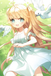 Rule 34 | 1girl, ahoge, bare shoulders, bird, blonde hair, blue eyes, dove, dress, flying, frills, green eyes, helena k sink, long hair, long twintails, lowres, open mouth, outstretched hand, ribbon, salt (salty), smile, solo, sword girls, twintails, two side up, very long hair, walking