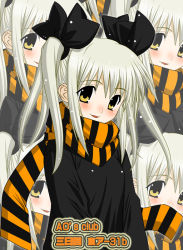 Rule 34 | 1girl, akito (ao&#039;s club), akito (artist), blush, bow, hair bow, looking at viewer, multiple views, original, scarf, smile, striped clothes, striped scarf, twintails, upper body, white hair, yellow eyes