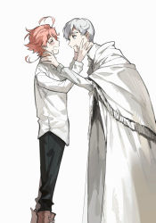 Rule 34 | 1boy, 1girl, ahoge, bad id, bad pixiv id, black pants, blush, boots, brown footwear, cloak, closed mouth, collar, collared shirt, commentary request, emma (yakusoku no neverland), closed eyes, face-to-face, from side, grey hair, hands on another&#039;s cheeks, hands on another&#039;s face, holding, laughing, leather, leather boots, long sleeves, looking at another, maniwa, norman (yakusoku no neverland), open mouth, orange hair, pants, shirt, shoelaces, short hair, simple background, smile, standing, thick eyebrows, white background, white cloak, white hair, white shirt, yakusoku no neverland