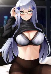 Rule 34 | 1girl, black sweater, blunt bangs, blush, breasts, brown pantyhose, cleavage, clothes lift, commentary, girls&#039; frontline, glasses, green eyes, grin, hair ornament, highres, hk416 (girls&#039; frontline), indoors, large breasts, long hair, looking at viewer, midriff, navel, no pants, pantyhose, red-framed eyewear, silver hair, sitting, smile, solo, stomach, sweater, sweater lift, thighband pantyhose, very long hair, yan kodiac