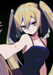 Rule 34 | 1girl, aguruma (yukisita03), bare shoulders, black background, black ribbon, black tank top, blonde hair, closed mouth, commentary request, green eyes, hair between eyes, hair ribbon, long hair, marion phauna, outstretched arm, reaching, reaching towards viewer, ribbon, shaman king, simple background, solo, spaghetti strap, tank top, twintails, upper body