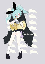 Rule 34 | 1girl, absurdres, black dress, black footwear, blue hair, carrot sticks, closed mouth, commentary, copyright name, dress, food, frilled dress, frills, full moon, grey background, half-closed eyes, hatsune miku, highres, holding, holding food, invisible chair, long sleeves, loveit (vocaloid), moon, nekoma hikaru, hugging object, patterned background, rabbit, red eyes, shoes, sidelocks, sitting, sleeve cuffs, socks, solo, twintails, vocaloid, white socks