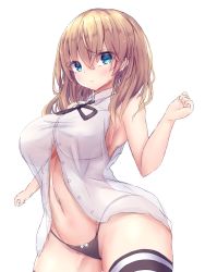 Rule 34 | 1girl, black panties, blue eyes, breasts, highres, large breasts, light brown hair, long hair, looking at viewer, navel, no bra, original, panties, simple background, solo, striped clothes, striped legwear, striped thighhighs, thighhighs, underwear, white background, yuuki shuri