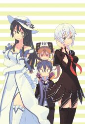 Rule 34 | 1boy, 3girls, absurdres, aihara enju, alternate eye color, angry, annoyed, bare shoulders, black bullet, black dress, black jacket, black pants, black sailor collar, black thighhighs, blazer, blue bow, blue hair, blush, blush stickers, boots, bow, breasts, bright pupils, brooch, brown hair, carrying, character request, check character, cleavage, closed mouth, collarbone, commentary request, constricted pupils, cosplay, costume switch, cowboy shot, cross-laced footwear, crossed arms, crossed bangs, dress, elbow gloves, flower, gloves, green eyes, grey eyes, hair between eyes, tucking hair, hand in own hair, hat, hat flower, height difference, highres, hime cut, jacket, jewelry, knee boots, long hair, long sleeves, looking at another, looking at viewer, medium breasts, medium hair, morino hon, multiple girls, neckerchief, off-shoulder dress, off shoulder, on head, pants, pelvic curtain, person on head, purple footwear, red eyes, red neckerchief, sailor collar, sailor dress, satomi rentarou, school uniform, seigaiha, seitenshi (black bullet), shaded face, shoulder carry, simple background, sitting on shoulder, smile, striped, striped background, tendou kisara, thighhighs, wavy mouth, white dress, white headwear, white pupils, yellow background, | |