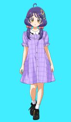 Rule 34 | 1girl, ahoge, aqua background, black footwear, bow, collared dress, dress, full body, hair bow, hair ornament, hairpin, highres, kousuke0912, long hair, low twintails, precure, purple dress, purple hair, short sleeves, simple background, socks, solo, standing, suzumura sango, tropical-rouge! precure, twintails, white socks, yellow eyes