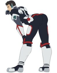 Rule 34 | 1boy, ao isami, arched back, ass, from behind, full body, hand on own face, hand on own knee, leaning forward, looking to the side, male focus, pilot suit, saika318, simple background, solo, sweat, white background, yuuki bakuhatsu bang bravern