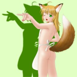 Rule 34 | 1girl, animal ears, apron, ass, blonde hair, blush, breasts, fox ears, fox tail, green eyes, naked apron, oka takeshi, smile, solo, tail, wink