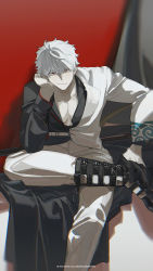 Rule 34 | 1boy, bare pectorals, black footwear, black jacket, boots, gintama, grey hair, hand on own cheek, hand on own face, highres, jacket, k00s, leaning forward, looking at viewer, male focus, pants, pectorals, sakata gintoki, smile, smug, solo, sword, weapon, weapon on back, white jacket, white pants