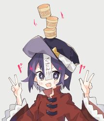 Rule 34 | &gt;:), + +, 1girl, :d, balancing, balancing on head, blue eyes, blue hair, blue headwear, blush, chinese clothes, double w, fang, food, food on head, frilled sleeves, frills, grey background, hands up, hatsushiro mamimu, high collar, highres, long sleeves, miyako yoshika, object on head, ofuda, open mouth, pointy ears, pudding, red shirt, shirt, short hair, simple background, skin fang, smile, solo, sparkle, star (symbol), tangzhuang, touhou, v-shaped eyebrows, w, w arms, wide sleeves