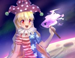 Rule 34 | 1girl, :d, american flag dress, blonde hair, blush, clownpiece, hat, highres, jester cap, long hair, moon, open mouth, putchin, red eyes, sky, smile, solo, star (sky), starry sky, torch, touhou