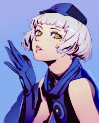 Rule 34 | 1girl, blue background, blue dress, blue gloves, blue headwear, datcravat, dress, elizabeth (persona), eyelashes, gloves, highres, lips, looking at viewer, medium hair, parted lips, persona, persona 3, shadow, short hair, simple background, sleeveless, sleeveless dress, solo, twitter username, upper body, yellow eyes