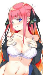 Rule 34 | 1girl, 3:, black sweater, blue eyes, blunt bangs, blush, breasts, cardigan, closed mouth, collarbone, frown, go-toubun no hanayome, gradient hair, groin, hair ornament, hair ribbon, hands on own chest, large breasts, long hair, looking at viewer, midriff, multicolored hair, nail polish, nakano nino, navel, open cardigan, open clothes, orange hair, red hair, ribbon, shimeji (4 me ji), sidelocks, sleeves past wrists, solo, stomach, sweatdrop, sweater, two side up, upper body, white background