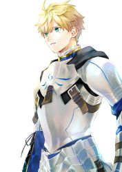 Rule 34 | 1boy, ahoge, armor, arthur pendragon (fate), blonde hair, breastplate, buckle, commentary request, cross-laced clothes, fate (series), faulds, fur trim, glint, green eyes, highres, hood, hood down, looking away, male focus, pauldrons, short hair, shoulder armor, simple background, solo, upper body, urup zzz, white background