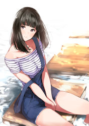 Rule 34 | 1girl, bare shoulders, between legs, black hair, blunt bangs, blush, breasts, brown eyes, cutoffs, denim, hand between legs, light smile, looking at viewer, mole, mole under mouth, off shoulder, original, overalls, own hands together, pink eyes, shirt, short sleeves, sitting, smile, solo, strap slip, striped clothes, striped shirt, thighs, tsukino wagamo, v arms