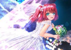 Rule 34 | 1girl, aqua eyes, artist name, artist request, bare shoulders, blurry, blurry background, blush, bouquet, breasts, bridal veil, dress, female focus, flower, frilled dress, frills, hair flower, hair ornament, heart, heart-shaped pupils, highres, holding, holding bouquet, holding flower, jewelry, kurosawa ruby, looking at viewer, love live!, love live! school idol festival, love live! sunshine!!, medium breasts, necklace, red hair, short hair, solo, symbol-shaped pupils, twintails, two side up, veil, wedding, wedding dress, white dress, yukimai snow