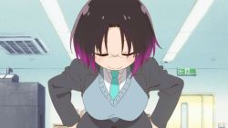 Rule 34 | 1girl, animated, animated gif, black hair, bouncing breasts, breasts, coat, elma (maidragon), closed eyes, glasses, jiggle, kobayashi-san chi no maidragon, large breasts, leaning forward, necktie, office, office lady, open clothes, open coat, screencap, short hair, solo, standing, sweater