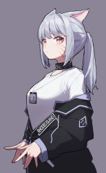 Rule 34 | 1girl, absurdres, animal ears, beudelb, black jacket, breasts, cat ears, cat girl, collar, commission, facial mark, grey background, grey hair, highres, id card, infection monitor (arknights), jacket, large breasts, long hair, long sleeves, looking at viewer, open clothes, open jacket, original, pixiv commission, ponytail, red eyes, simple background, solo, upper body, whisker markings