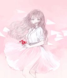 Rule 34 | 1girl, flower, highres, holding, holding flower, kakmxxxny06, long hair, looking at viewer, original, paper airplane, pink background, pink skirt, pink theme, puffy short sleeves, puffy sleeves, sailor collar, short sleeves, simple background, skirt, solo, standing