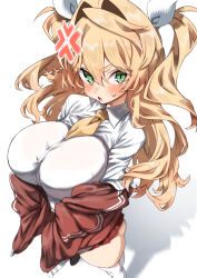 Rule 34 | 1girl, anger vein, blonde hair, breasts, commentary request, green eyes, hair between eyes, hair ribbon, highres, huge breasts, jacket, kz oji, large breasts, looking at viewer, necktie, original, red jacket, red skirt, ribbon, shadow, shirt, simple background, skirt, solo, thighs, track jacket, white background, white ribbon, white shirt, yellow necktie