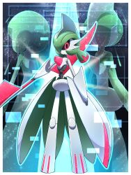 Rule 34 | absurdres, black sclera, blade, border, colored sclera, commentary request, creatures (company), full body, gallade, game freak, gardevoir, gen 3 pokemon, gen 4 pokemon, glowing, highres, holding, iron valiant, looking at viewer, nintendo, pink eyes, pokemon, pokemon (creature), shabana may, spikes, white border