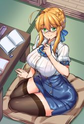 Rule 34 | 1girl, ahoge, arm support, artoria pendragon (fate), artoria pendragon (lancer) (fate), bespectacled, between legs, black thighhighs, blonde hair, blue-framed eyewear, braid, breasts, clommentary request, collared shirt, cushion, fate/grand order, fate (series), french braid, from above, full body, glasses, green eyes, hair between eyes, highres, indoors, large breasts, looking at viewer, pencil skirt, see-through, semi-rimless eyewear, shirokuma a, shirt, short sleeves, sidelocks, sitting, skirt, smile, swept bangs, table, tatami, thighhighs, thighs, wooden floor, zettai ryouiki