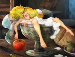 Rule 34 | 1girl, alcohol, animated, animated gif, blonde hair, cherry, dragon&#039;s crown, drunk, fairy, food, fruit, hiccup, in container, lowres, mini person, minigirl, solo, tiki (dragon&#039;s crown)