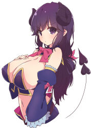 Rule 34 | 1girl, blue sleeves, bow, bowtie, breasts, cleavage, commentary request, crisis management form (machimazo), curled horns, demon girl, demon horns, demon tail, detached sleeves, hand on own chest, highres, horns, large breasts, long hair, looking at viewer, machikado mazoku, mature female, mel (melty pot), navel, purple eyes, purple hair, red bow, red bowtie, simple background, solo, tail, white background, yoshida seiko