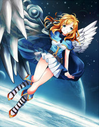 Rule 34 | 1girl, angel, angel wings, asymmetrical wings, belt, blue eyes, boots, borrowed character, breasts, cape, capelet, cassie (acerailgun), cyborg, feathered wings, flying, full body, grin, koko (dollykiss911), long hair, mechanical arms, mechanical wings, orange hair, original, planet, single mechanical arm, skirt, smile, solo, space, taut clothes, wings