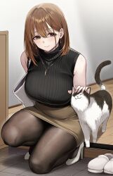 absurdres black_pantyhose black_sweater brown_eyes brown_hair cat hand_on_animal high_heels highres kneeling mole office_lady original pantyhose pencil_skirt skirt sweater udon_(udonalium)